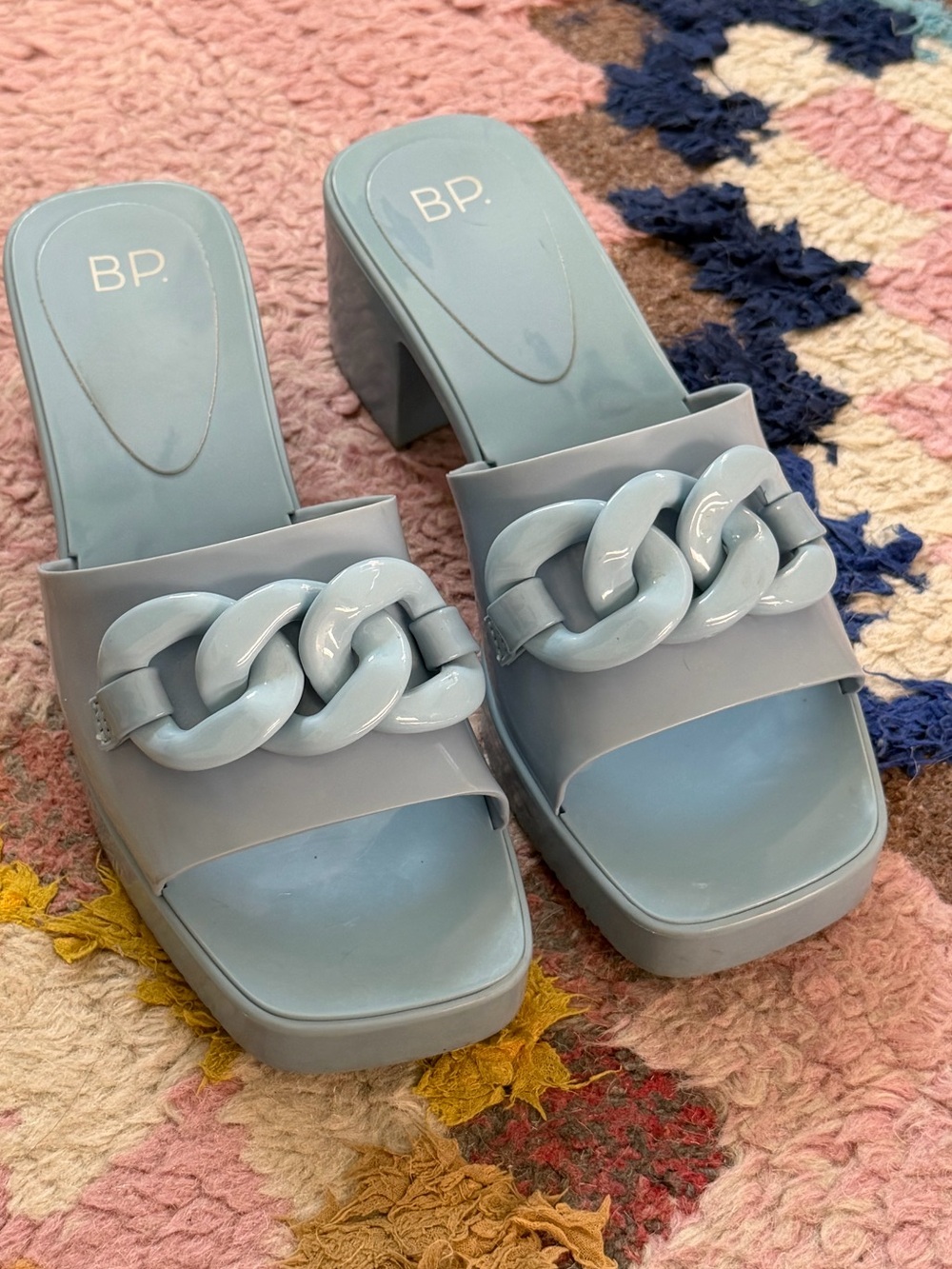 bp Light Blue Chain-Detail Block Heel Slide Sandals